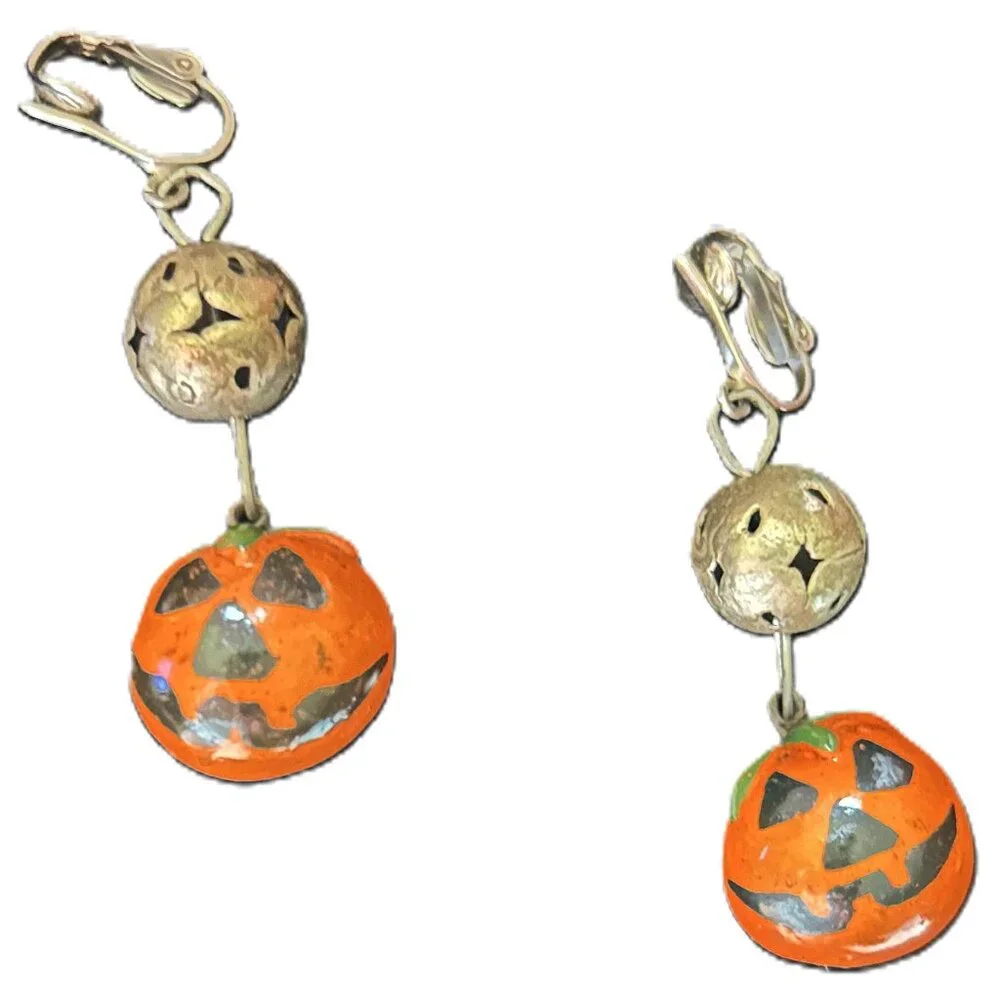 Santa Fe Style Antiqued Silver Tone Halloween Jack-O-Lantern Earrings - Picture 2 of 5